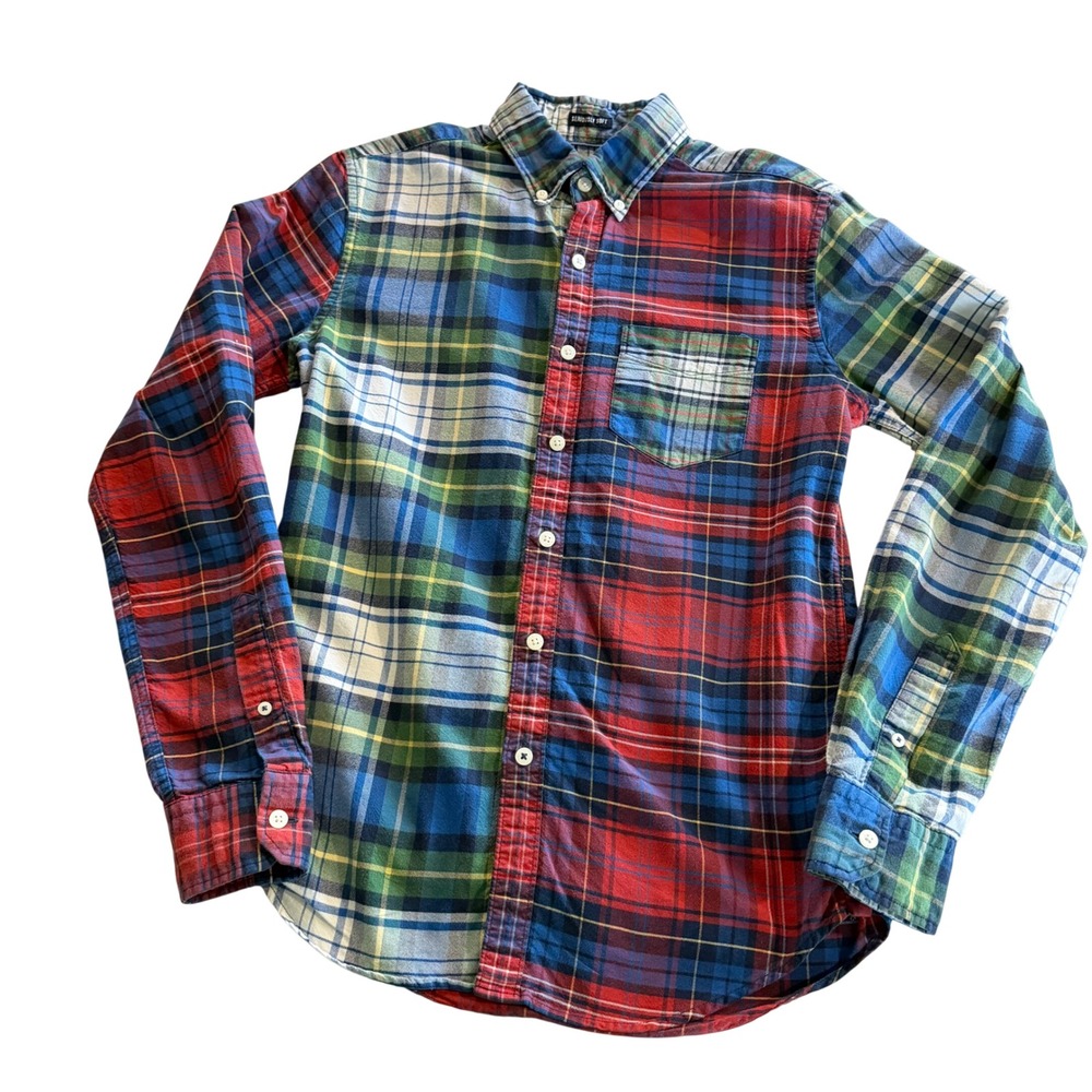 American Eagle Men XS Colorblock Patchwork Plaid Flannel Shirt Classic Fit Red